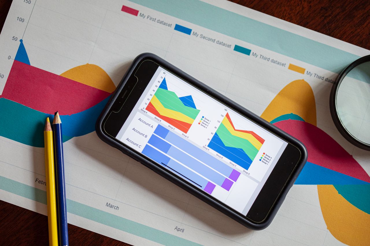 Crafting Captivating Headlines: Your awesome post title goes here Overhead view of a smartphone displaying colorful charts on paper graphs, symbolizing mobile data analysis.